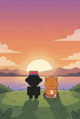 a cartoon drawing of two animals looking at a sunset