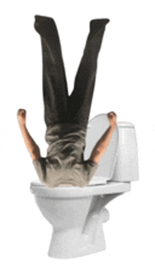 a man is upside down on a toilet with his arms up