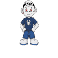 a cartoon character wearing a ny yankees shirt and blue shorts