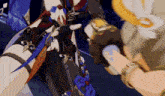 a cartoon character is holding a sword in his hand while another character looks on .