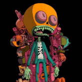 a cartoon drawing of a skeleton in a suit with a yellow head