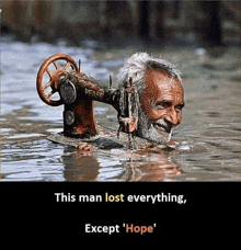 a man is swimming in the water with a sewing machine on his back