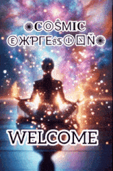 a cosmic express sign with a woman meditating