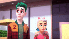 a cartoon character with green hair and a jacket that says z on it