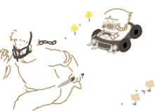 a drawing of a man holding a knife next to a cartoon character riding a go kart .