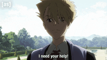 a cartoon character says i need your help in front of a hedge