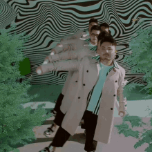 a man in a trench coat stands in front of a psychedelic wall
