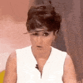 a woman with short hair is wearing a white shirt and making a surprised face .