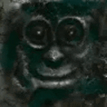 a close up of a doll 's face with big eyes and a smile on it .