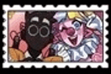 a postage stamp with a picture of a clown and a cat .