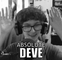 a black and white photo of a person wearing headphones and the words absolute deve