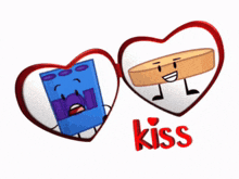 two hearts with cartoon characters and the word kiss in red