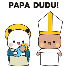 a panda bear holding a baby next to a pope bear with the words aprovado por maria e o menino jesus