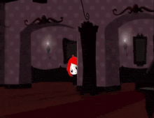 a cartoon character with red hair is standing in front of a bookcase