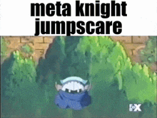 a cartoon character with the words meta knight jumpscare written on it