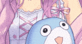 a girl in a pink dress is holding a blue stuffed animal with big eyes
