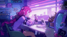 a pixel art drawing of a girl sitting at a desk with headphones on