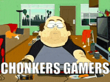 a cartoon of a man sitting in a messy living room with the words chonkers gamers written on the bottom