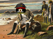 a painting of a man sitting on a rock with a ball on his head