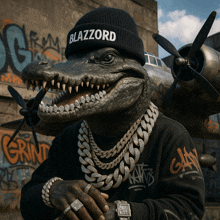 a crocodile wearing a black beanie that says blazzard on it