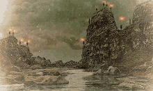 a painting of people standing on top of a rocky hill overlooking a river