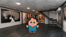 a cartoon character is in a room with paintings on the wall