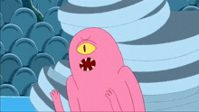 a pink cartoon character with a yellow eye is standing in front of a staircase