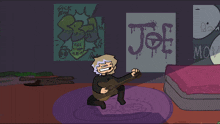 a cartoon drawing of a room with graffiti on the wall that says sick