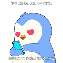 a penguin is holding a cell phone with hearts in its eyes