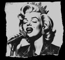a black and white drawing of a woman singing into a microphone with a crown on her head