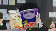 a person is reading a magazine with chinese writing