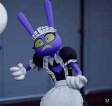 a purple cartoon character is wearing a maid costume and gloves .