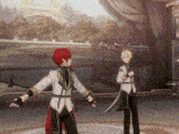 a couple of anime characters are standing on a stage holding swords .