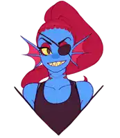 a drawing of a woman with a red hair and a blue body with an eye patch
