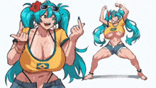 a drawing of a woman with blue hair wearing a yellow shirt