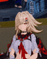 a girl with blonde hair and red eyes is sitting in front of a sign that says ' chinese '