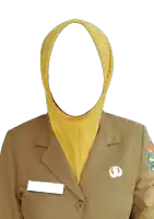 a woman wearing a yellow hijab and a tan jacket with a white name tag