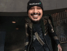 a man wearing a black beanie with the word multivers written on it