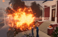 a woman stands in front of a house with a large explosion coming out of it