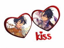 two hearts with images of anime characters and the word kiss