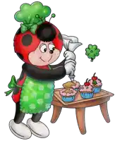 a ladybug is decorating cupcakes on a table with a green clover