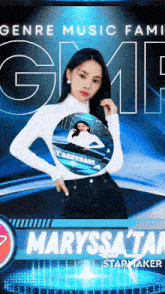 a poster for genre music family shows a woman in a white turtleneck