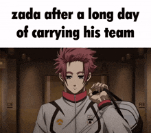a man with red hair is carrying a duffel bag and the caption reads zada after a long day