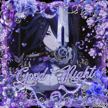 a picture of a girl holding a sword with the words good night written on it
