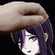 a pixel art of a hand touching a purple haired anime girl 's forehead .