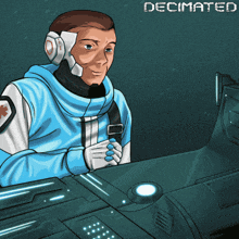 a cartoon of a man in a space suit with the word decimated on the bottom