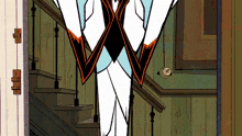 a cartoon drawing of a man standing on a set of stairs with the letter w on his chest