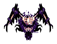 a pixel art drawing of a demon with wings and horns
