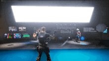 a man in a video game is standing in front of a sign that says fortography studio