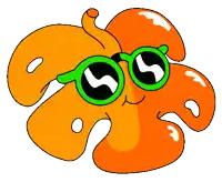 a cartoon drawing of an orange leaf wearing green glasses